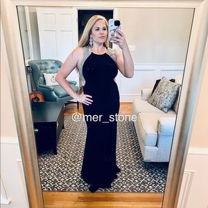 Xscape Illusion Cutout Beaded Gown in Navy, Sz 6